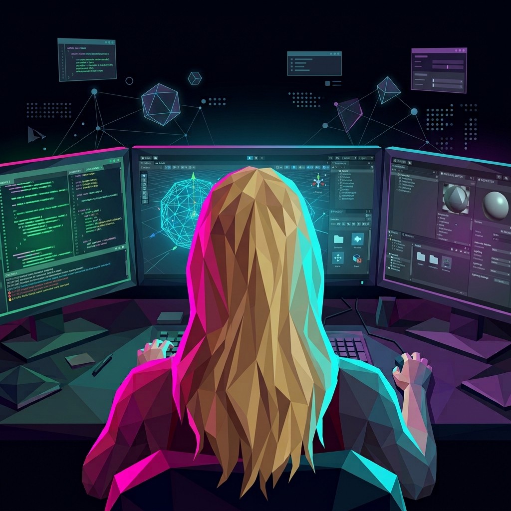 Low-poly illustration of Kasia from behind, working at three monitors showing code, a 3D scene editor and a material editor