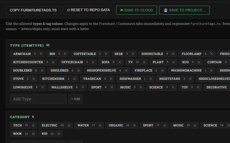 Tags and Types: editable chips for 33 furniture types and 9 categories, with buttons to copy, save to the cloud or save into the project