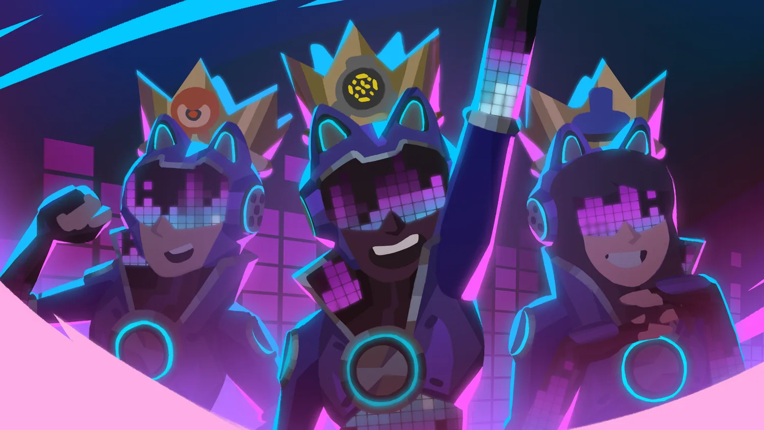 Concept art: three avatars in neon visors and crowns celebrating