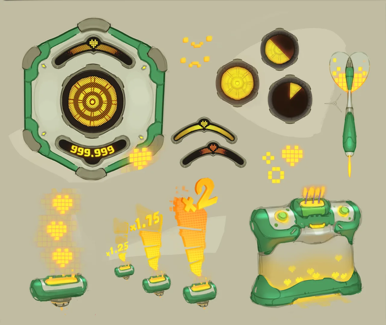 UI and asset sheet for the darts game: dartboard, score display, multipliers and darts