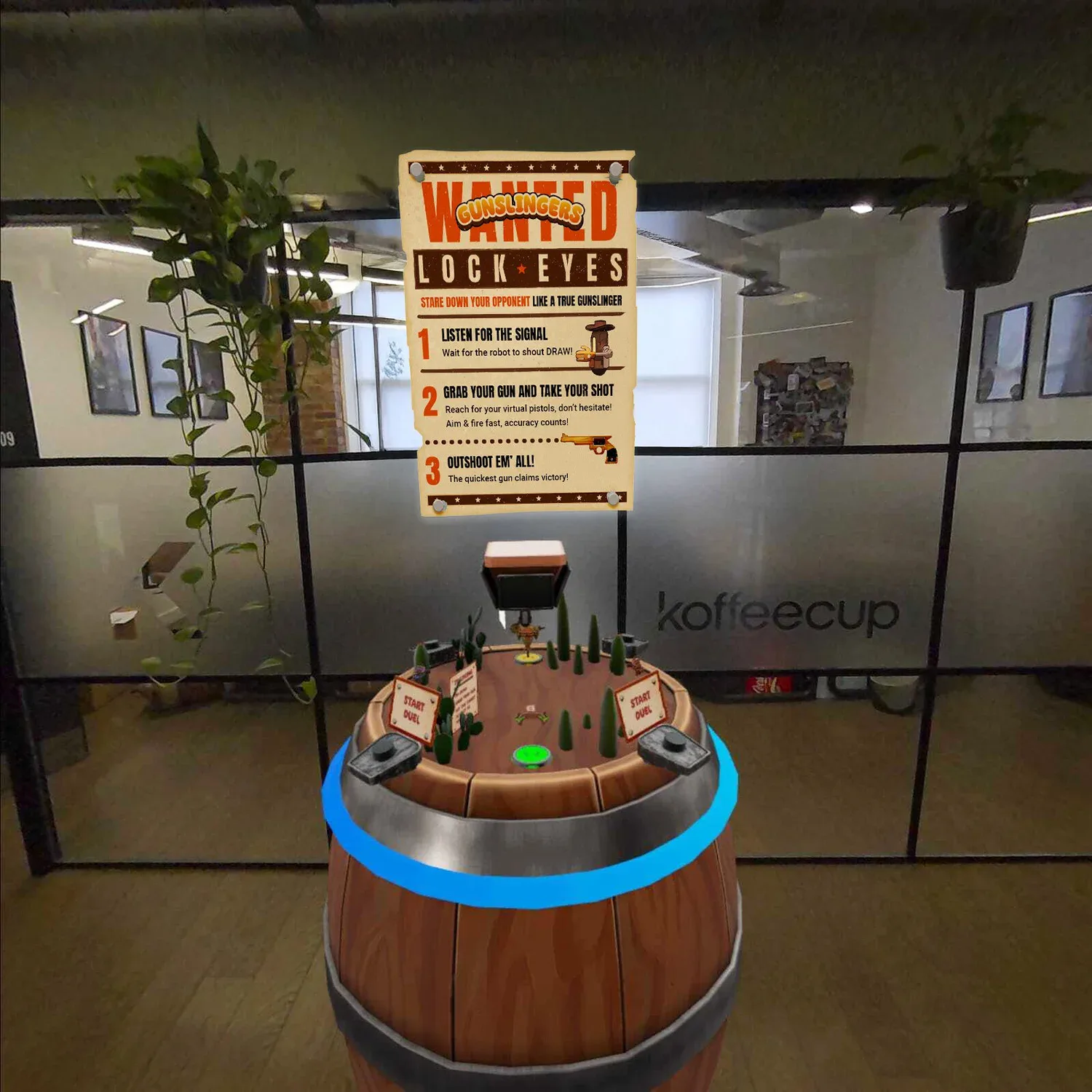 The barrel arena placed in a real office, with a Wanted: Lock Eyes instructions poster above it