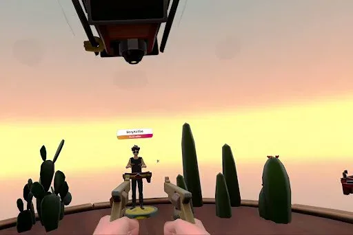 First-person view holding two revolvers, facing an opponent across the desert arena