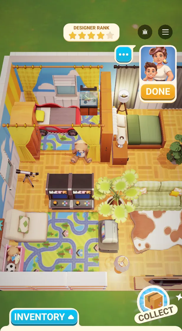A child’s bedroom being furnished, with the client’s portrait, a Done button and the designer rank in stars