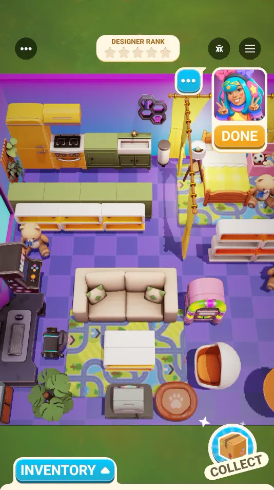 A bold purple room with a yellow kitchen, furnished for a client with blue hair