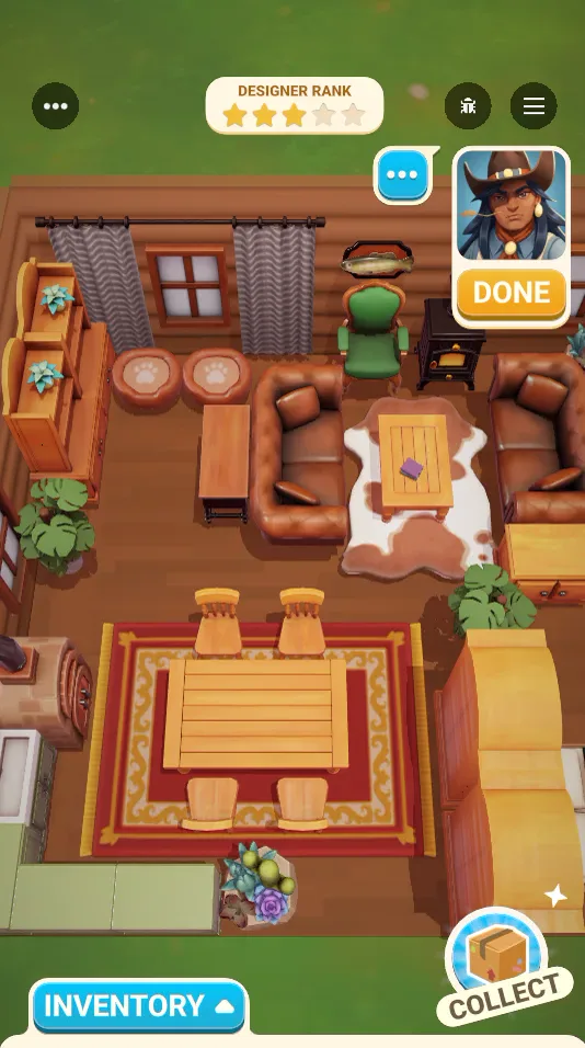 A rustic ranch house with leather sofas and a dining table, furnished for a cowboy client