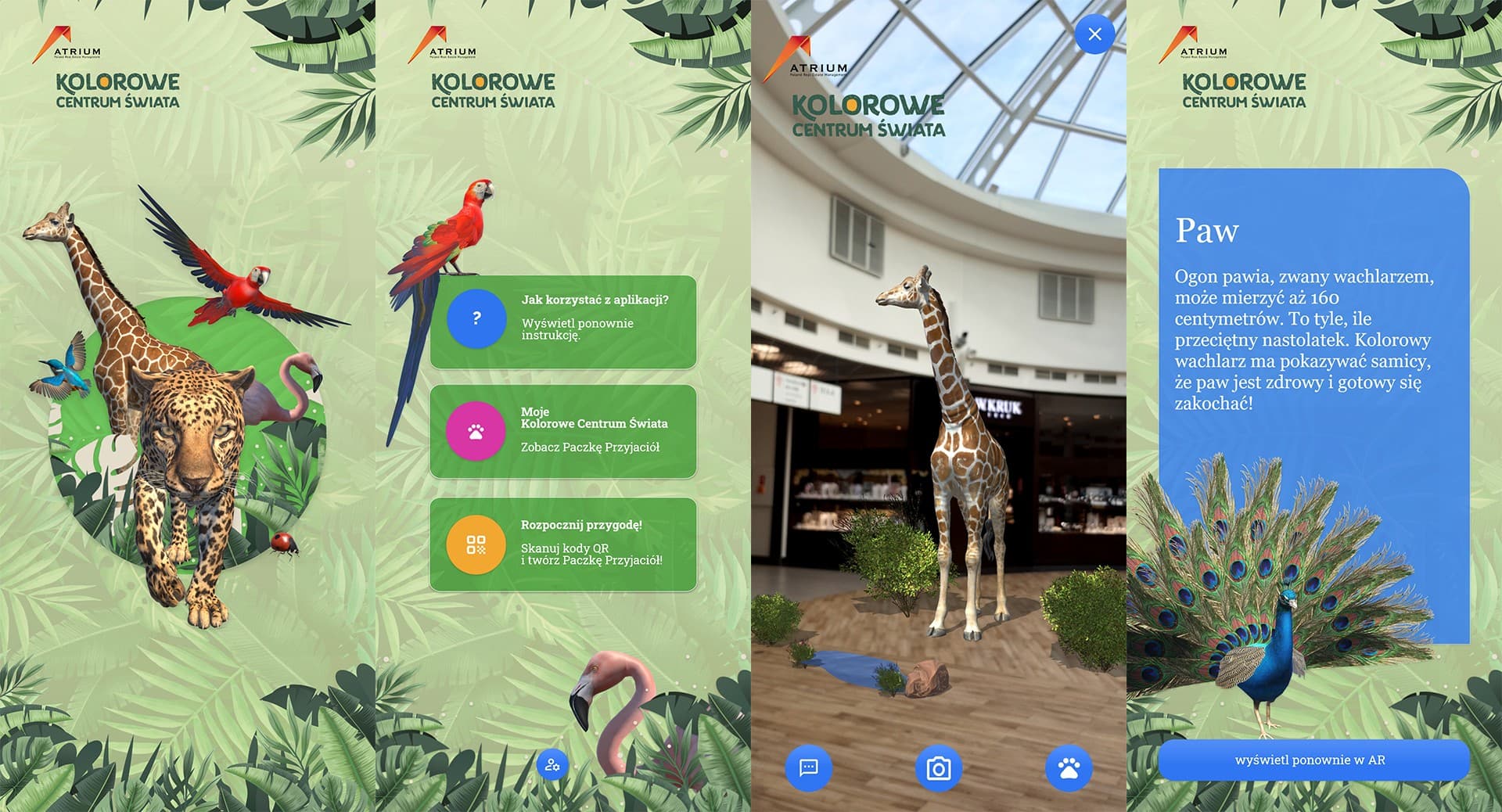 Four app screens: the start screen with animals, the menu, a giraffe in AR in a mall, and a peacock fact card