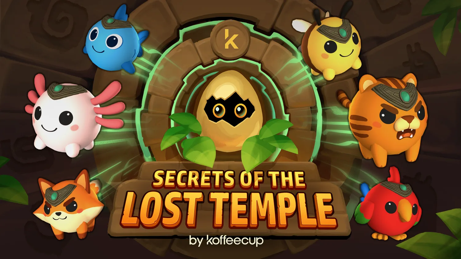 Secrets of the Lost Temple key art: a glowing egg surrounded by cute creature companions