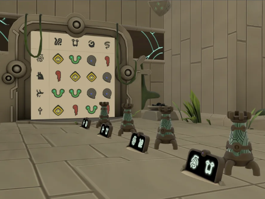 A temple chamber with a wall of symbol tiles and pedestals holding symbol cards