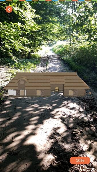 App screenshot showing a reconstructed building
