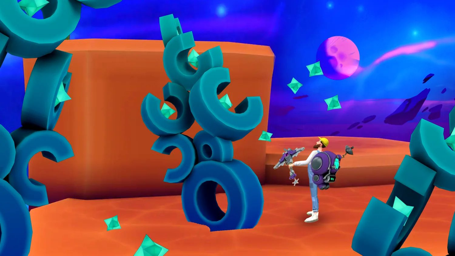 A miner with a pickaxe and backpack beside teal crystal formations on an orange asteroid