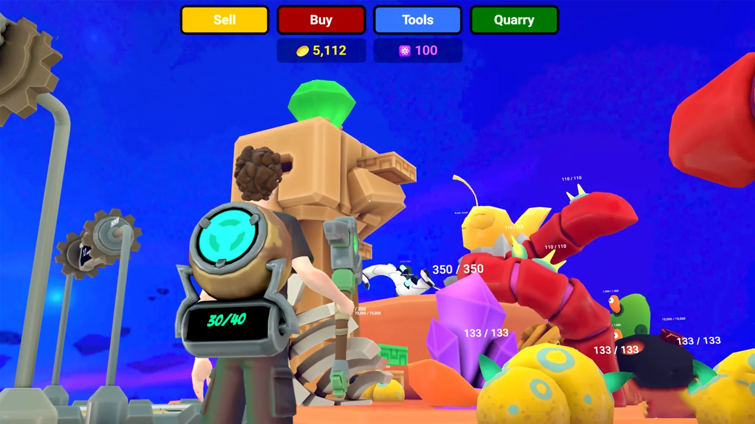 Gameplay with Sell, Buy, Tools and Quarry buttons, a coin counter and ore health bars