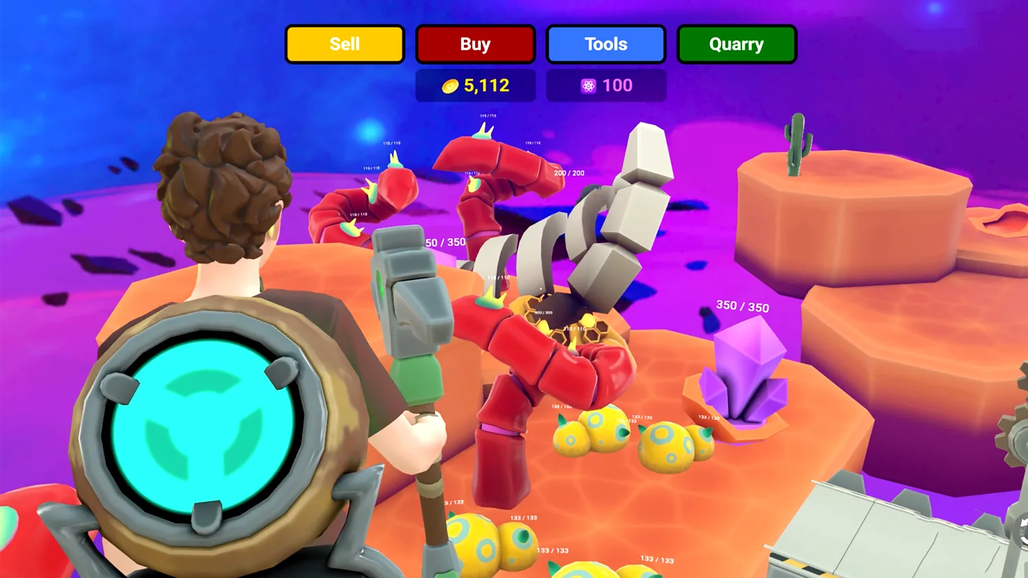 A miner facing a red tentacled ore creature among crystals and yellow eggs
