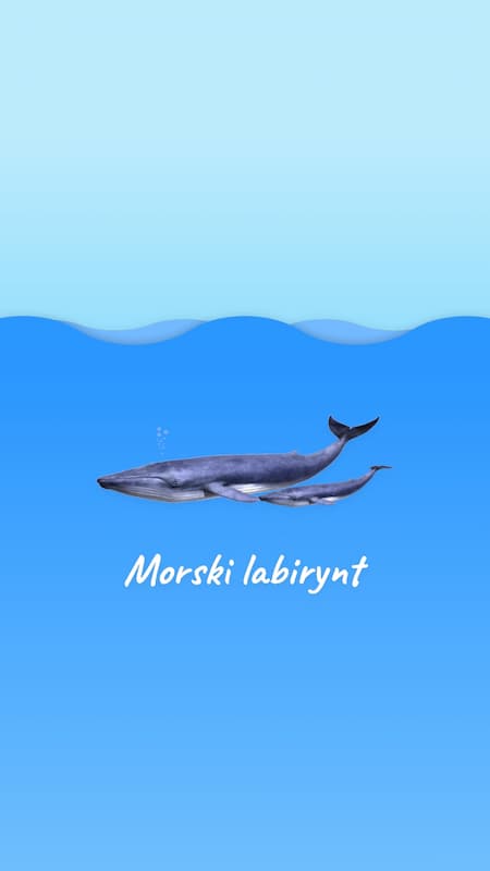App start screen: two whales under a wave, titled Morski labirynt
