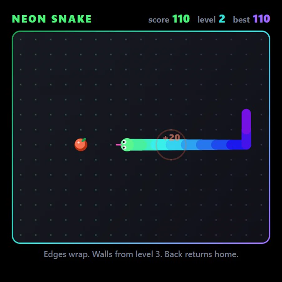 Level 2: a long neon snake heads for a berry, score 110