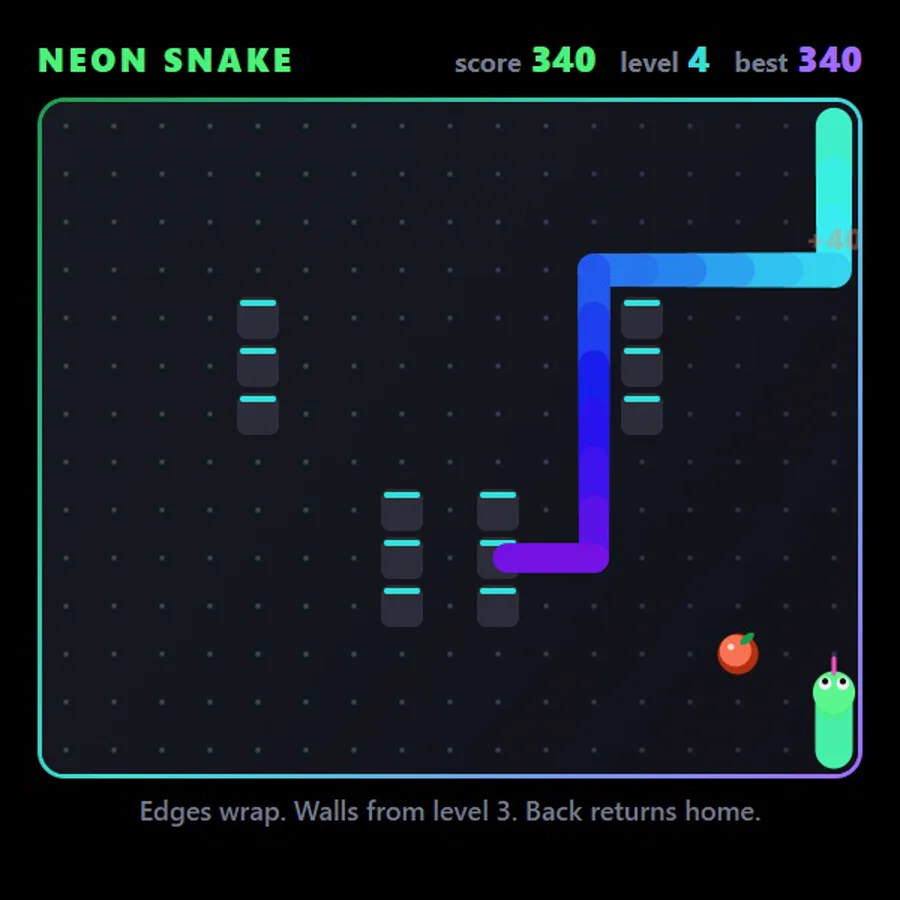 Level 4: the snake winds between wall blocks towards a berry, score 340