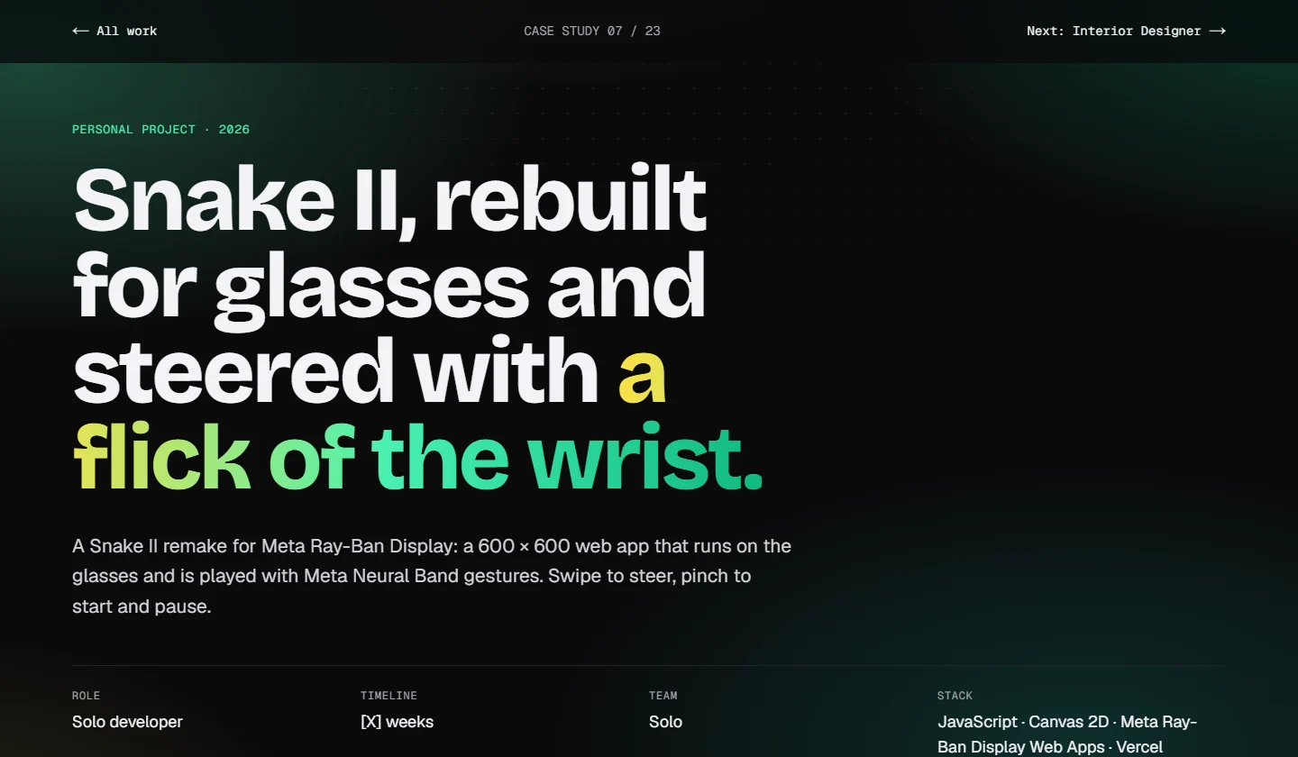 A case study page: a large gradient title, a one-line summary, and role, timeline, team and stack