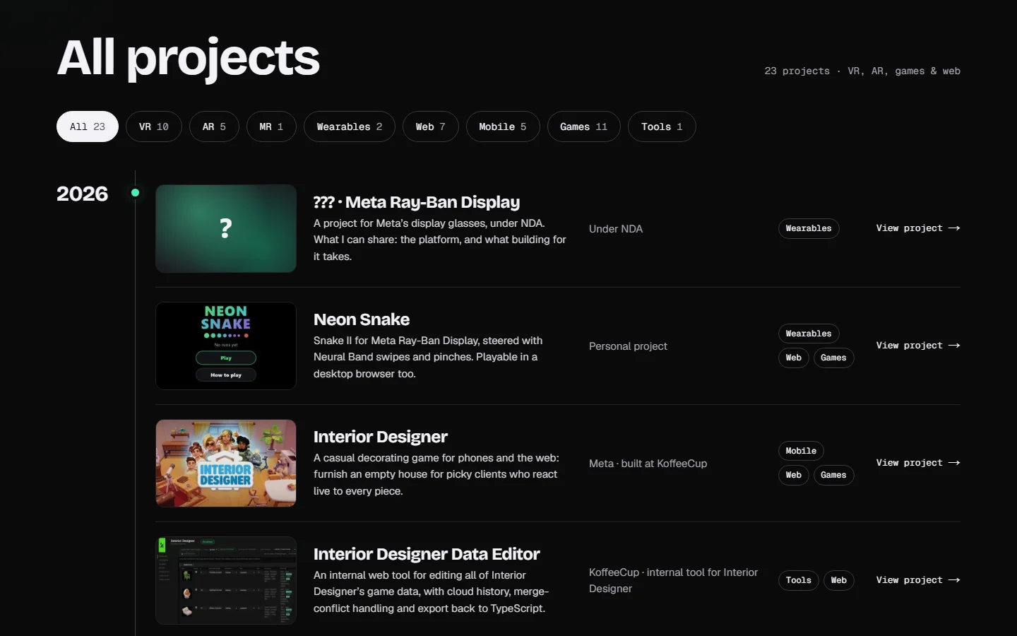 The All projects list: platform filters above a year-by-year timeline with thumbnails