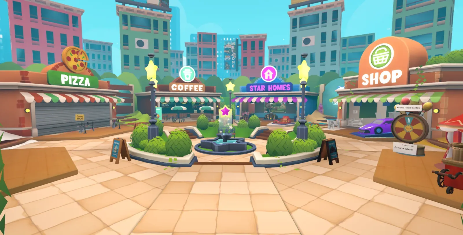 Star City’s town square with a fountain, surrounded by the pizza place, coffee shop, Star Homes and a shop