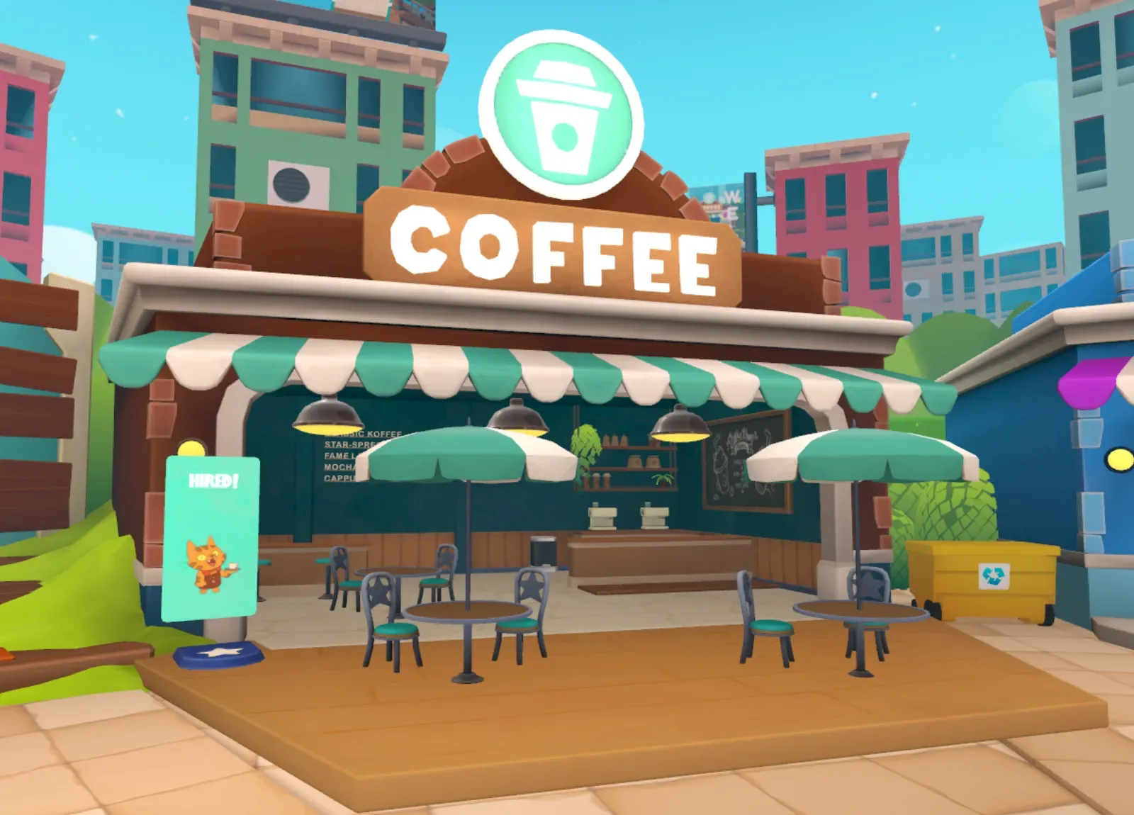 The town’s coffee shop with striped awnings and outdoor tables, where players take café jobs