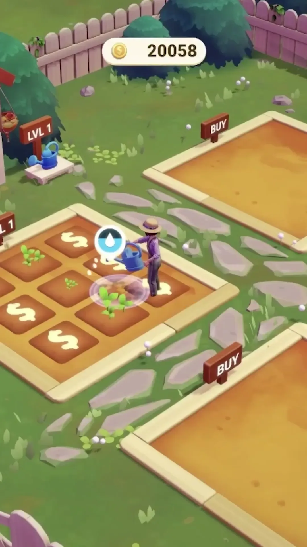 Empty garden plots marked with coin signs and Buy labels next to a planted bed