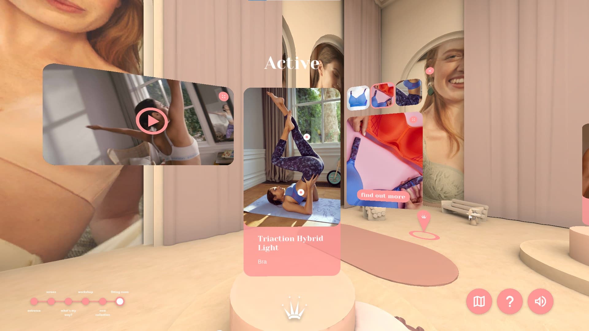 Fitting room space with product cards, a video panel and a progress map along the bottom