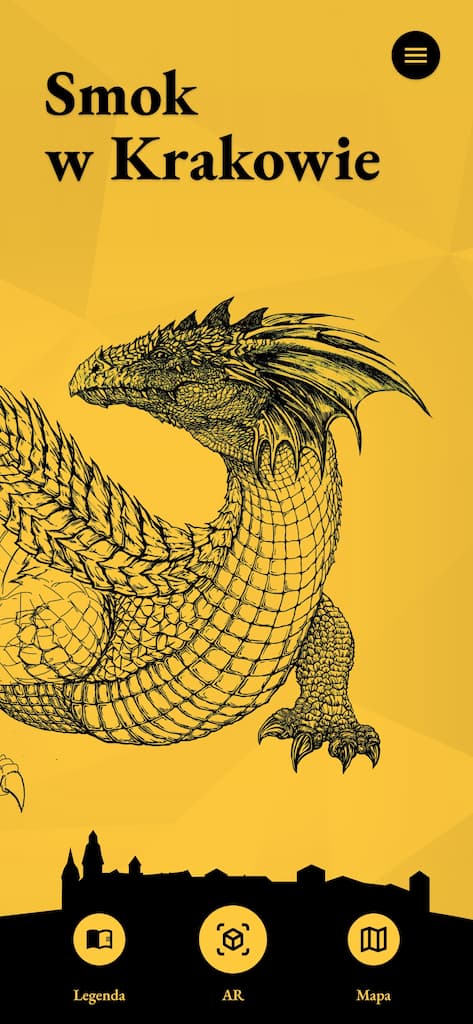 App home screen: an engraved dragon on yellow, with Legend, AR and Map buttons