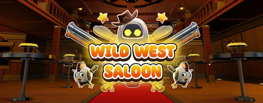 Wild West Saloon logo with a robot sheriff, revolvers and two robot chickens