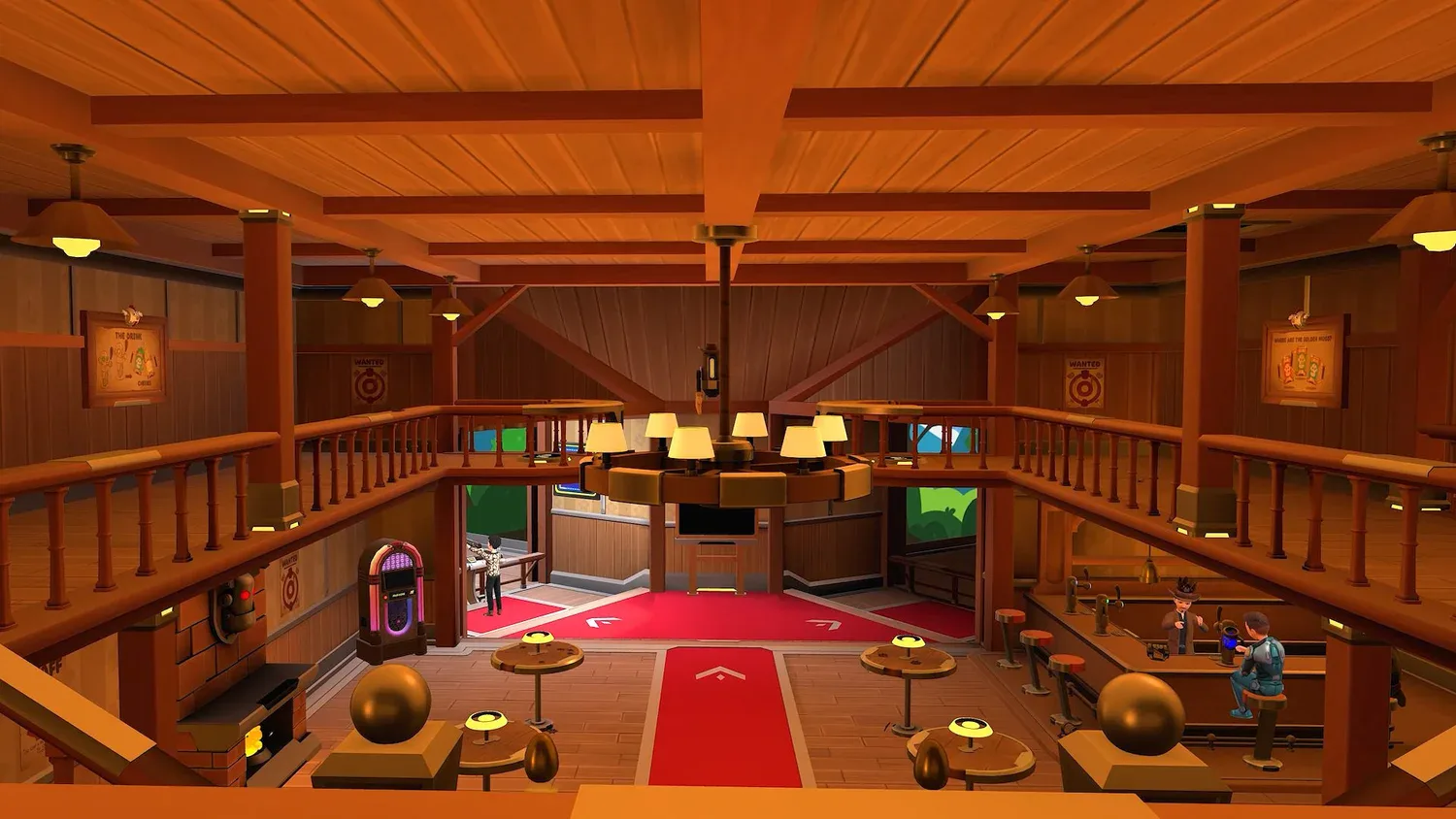 Two-storey Wild West saloon interior with a red carpet, jukebox and players