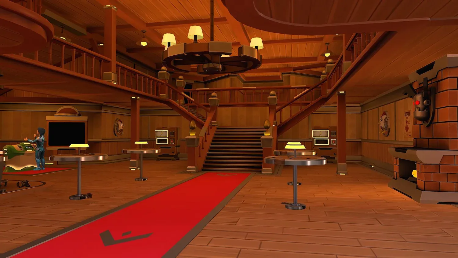 The saloon floor with tables, a staircase and a fireplace