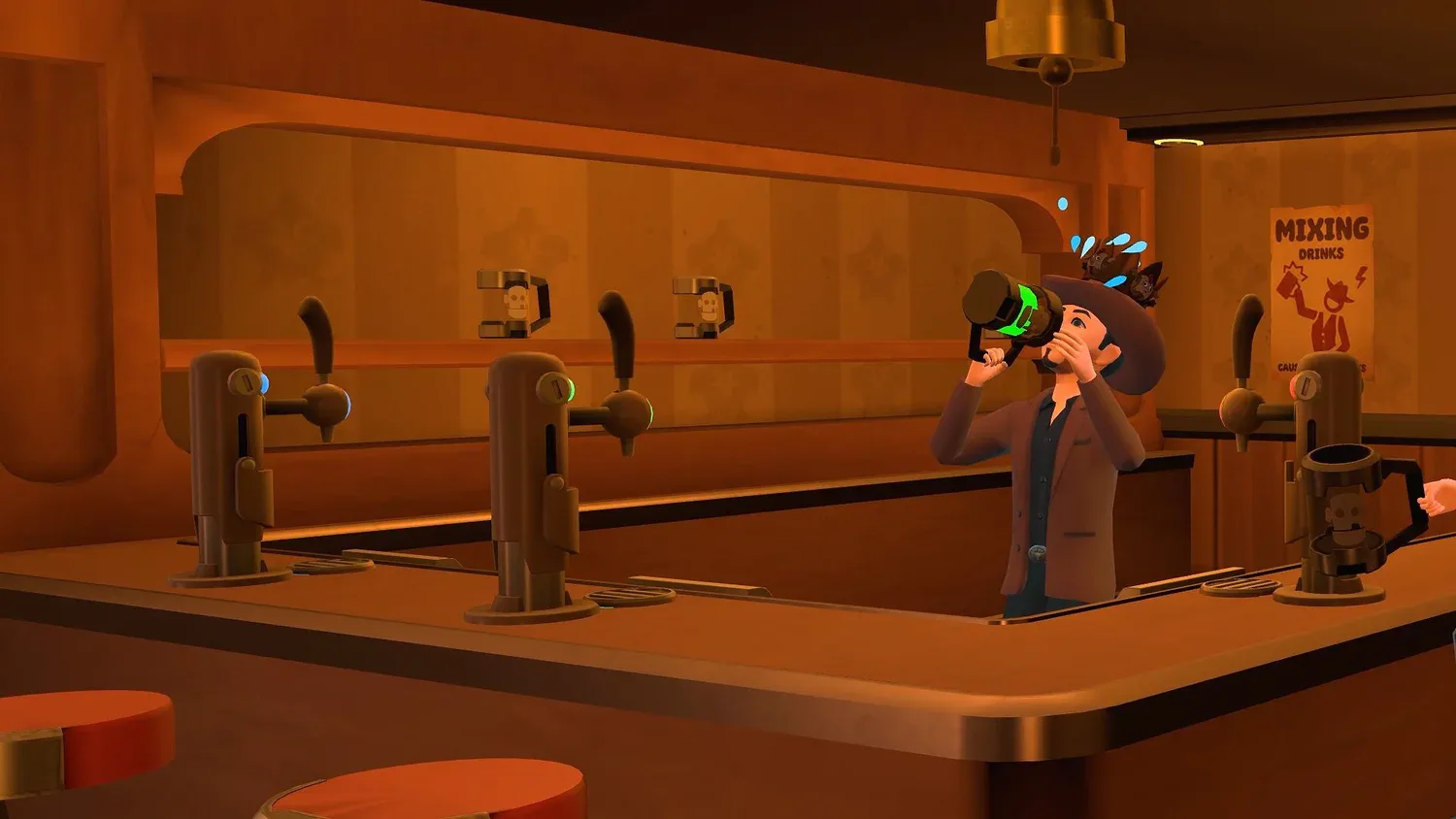 A cowboy avatar drinking at the bar next to drink taps and a Mixing Drinks poster