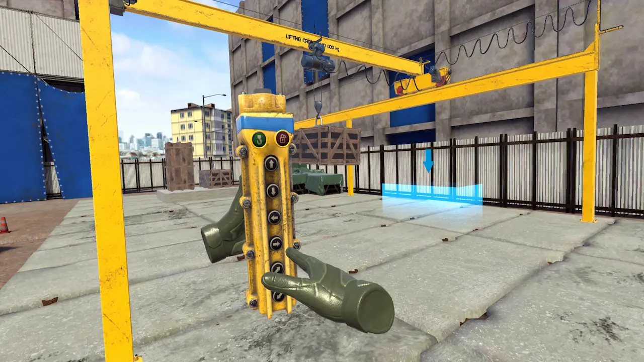 Overhead crane operator simulator in VR, with a load hanging over a factory floor