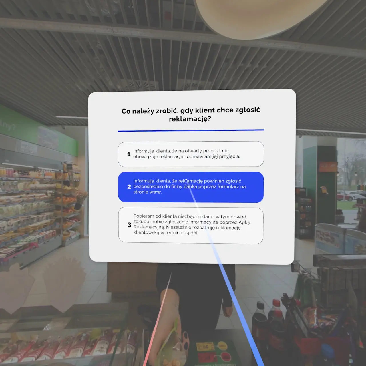 A multiple-choice training question floating inside a virtual Żabka store